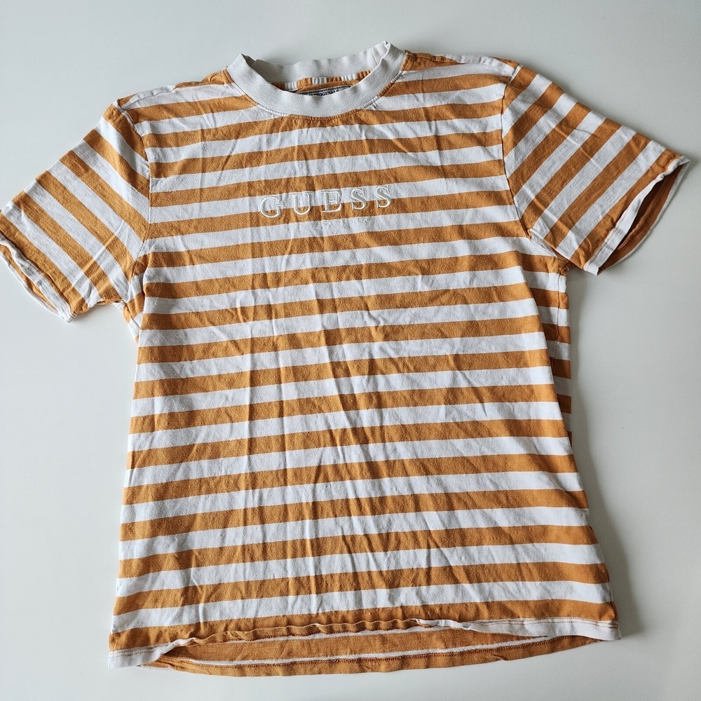VTG GUESS‎ Shirt Mens Medium Yellow White Stripe Logo Y2K Los Angeles 90s 80s
